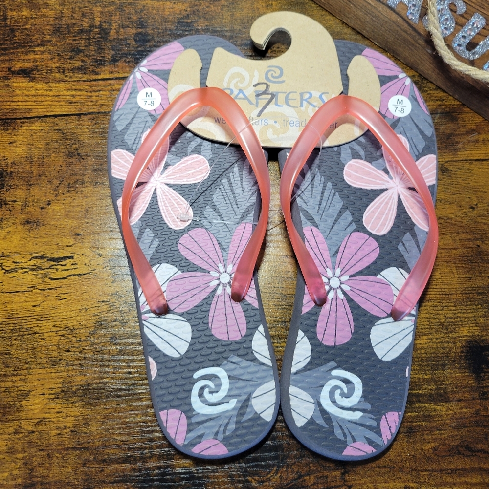 Rafters women size medium 7-8 flip flops grey pink white flowers - Picture 4 of 8